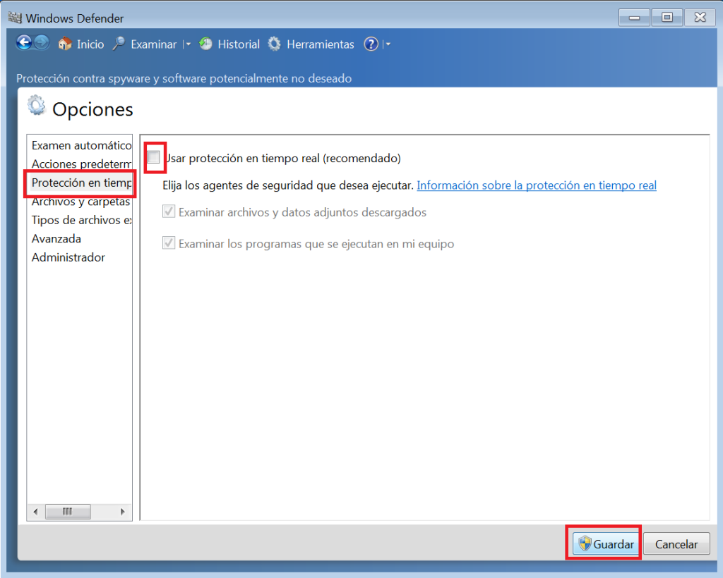 Quite la marca de verificación de la casilla "Usar protección en tiempo real" para Windows 7 Quite la marca de verificación de la casilla "Usar protección en tiempo real" para Windows 7